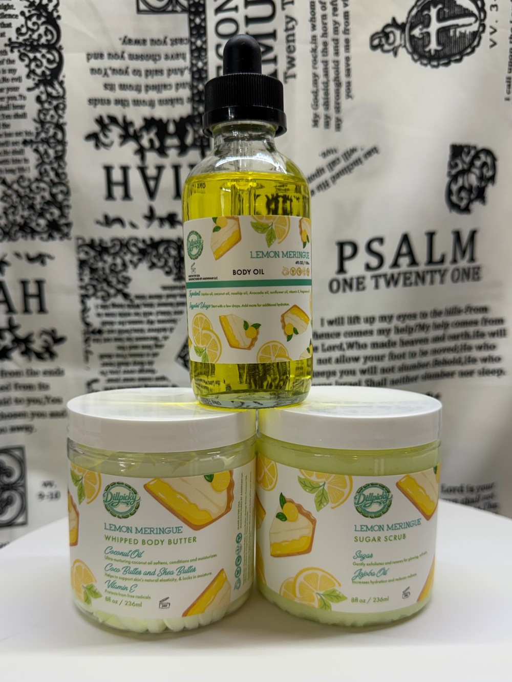 Dillpicky Aminnah Lemon Meringue Body Oil, Sugar Scrub, Whipped Body Butter Set